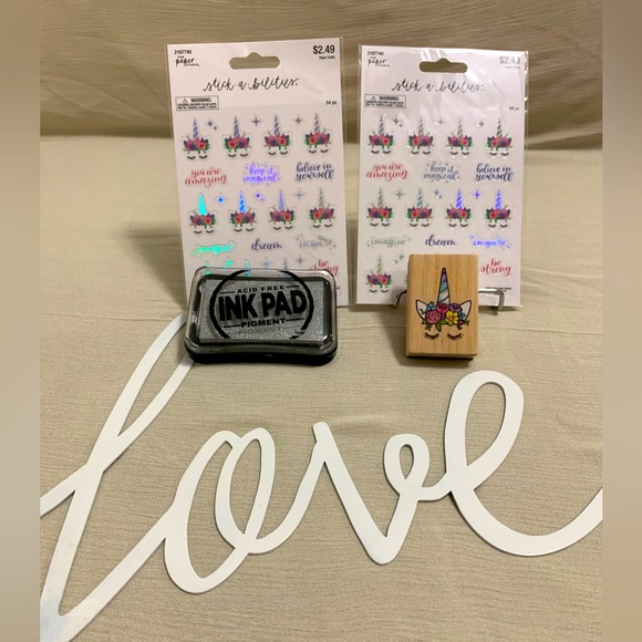 108 pc Flower Unicorn Stickers With Affirmations & 1 Rubber Stamp & Ink Pad - Picture 1 of 6